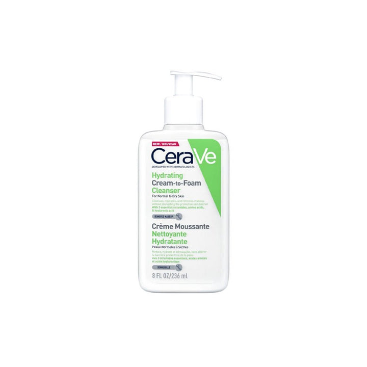 CeraVe Hydrating Cream to Foam Cleanser gently removes dirt, oil, and makeup, hydrating and replenishing skin with glycerin, and hyaluronic acid.