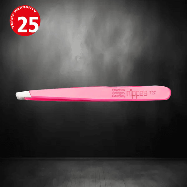 Nippes Stainless Steel Slant Pink Tweezers - Precision Pointed Slant - Quality Handmade in Solingen Germany - Professional Grade - Ergonomic Hand Grip - for Eyebrows, Eyelashes, Extensions [9.5 CM]