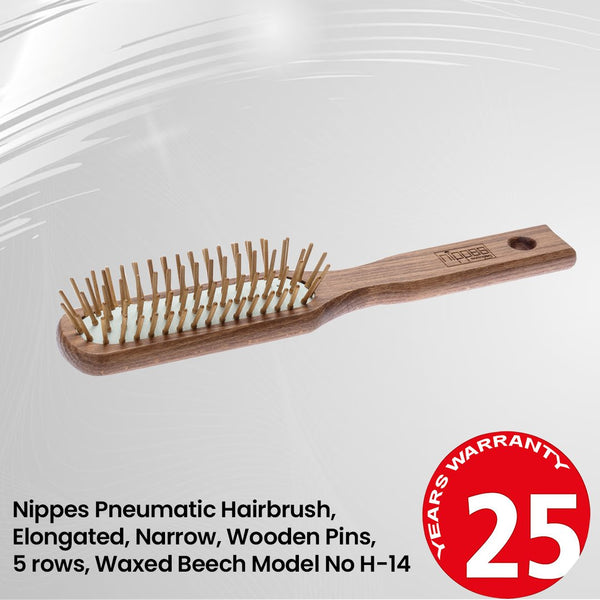 Nippes Pneumatic Hairbrush,  Elongated, Narrow, Wooden Pins, 5 rows, Waxed Beech Model No H-14