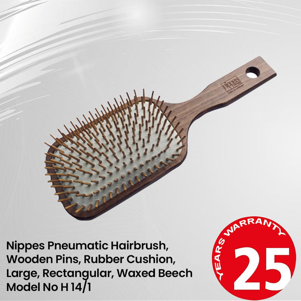 Nippes Pneumatic Hairbrush, Wooden Pins, Rubber Cushion, Large, Rectangular, Waxed Beech Model No H 14/1